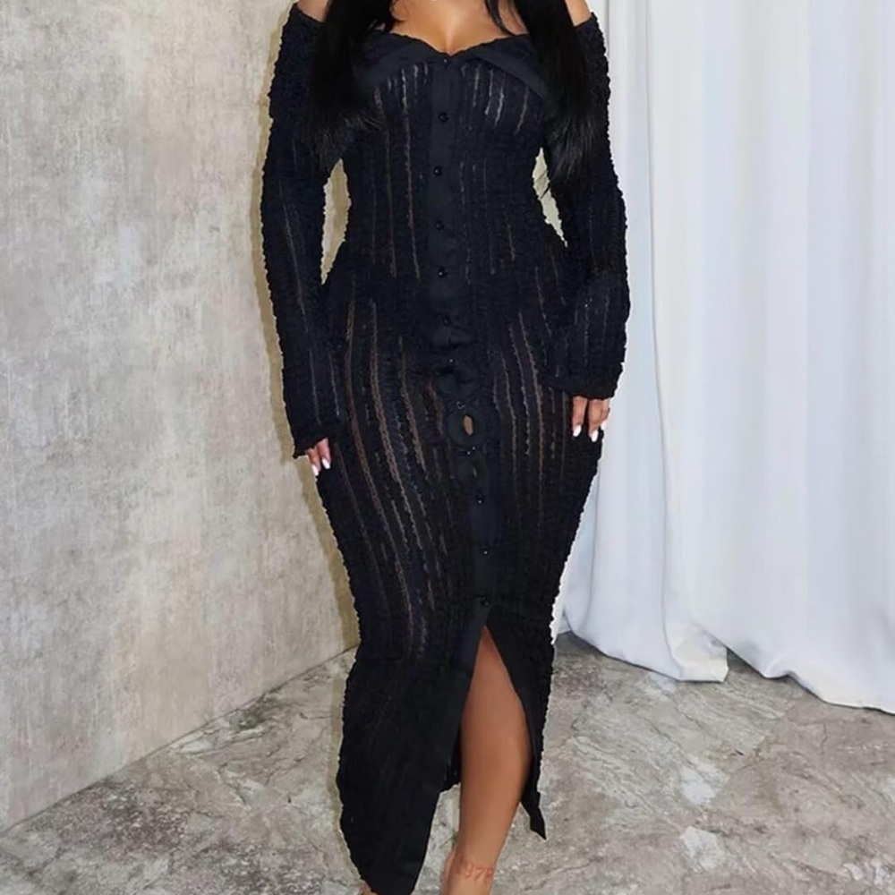 NWT black Button Down, Long Sleeve Off Shoulder See Through Bodycon Maxi Dress